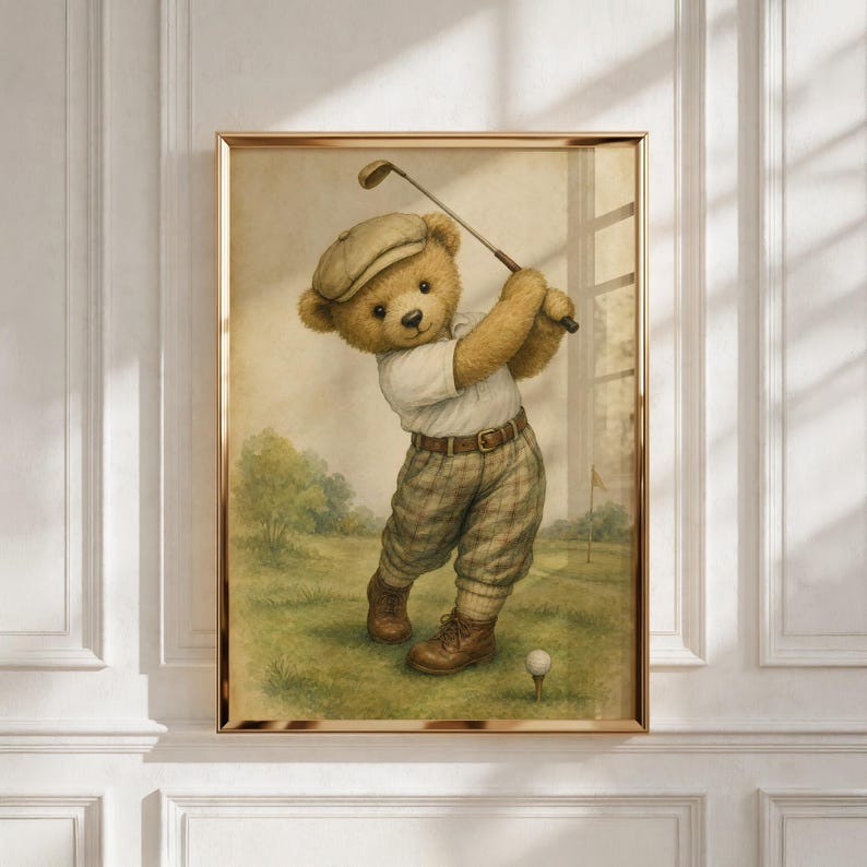 Lámina infantil Vintage Golf Bear, decoración única para habitación de niño, regalo para baby shower, descarga digital. imagen 7