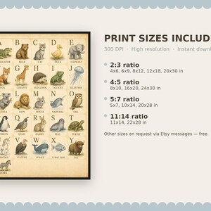 May include: An educational alphabet poster featuring illustrations of animals from A to Z, including an alligator, bear, cat, duck, elephant, fox, giraffe, hedgehog, iguana, jellyfish, koala, lion, mouse, narwhal, owl, penguin, quail, rabbit, seal, turtle, unicorn, vulture, whale, x-ray fish, yak, and zebra.