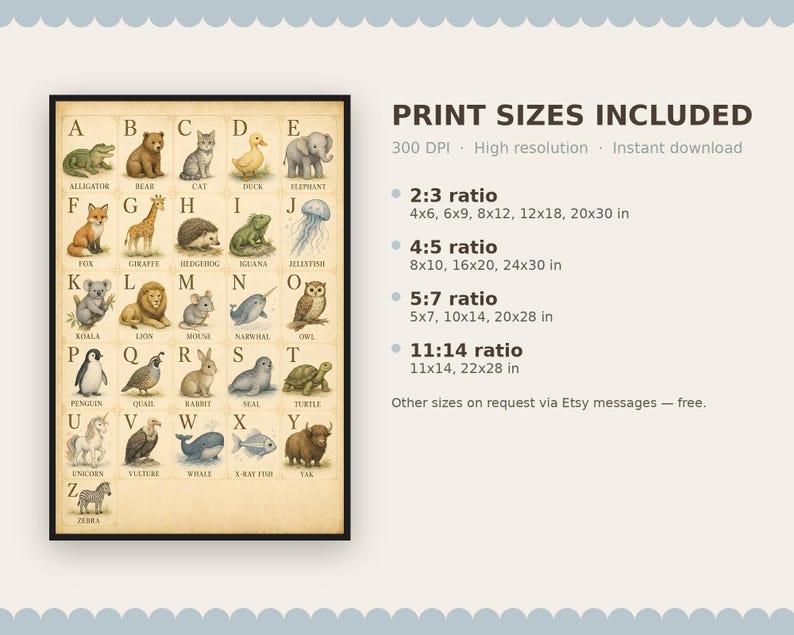 May include: An educational alphabet poster featuring illustrations of animals from A to Z, including an alligator, bear, cat, duck, elephant, fox, giraffe, hedgehog, iguana, jellyfish, koala, lion, mouse, narwhal, owl, penguin, quail, rabbit, seal, turtle, unicorn, vulture, whale, x-ray fish, yak, and zebra.