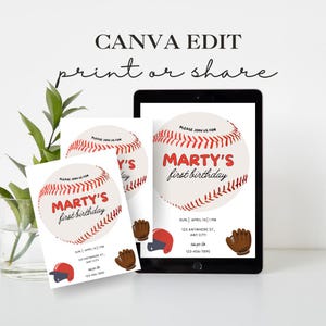 K&ouml;nnte beinhalten: Druckbare Einladung zum ersten Geburtstag mit Baseball-Motiv, mit einem roten und wei&szlig;en Baseball-Grafik, dem Text "Marty's First Birthday" und dem Datum und der Uhrzeit der Party.