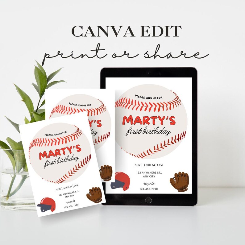 K&ouml;nnte beinhalten: Druckbare Einladung zum ersten Geburtstag mit Baseball-Motiv, mit einem roten und wei&szlig;en Baseball-Grafik, dem Text "Marty's First Birthday" und dem Datum und der Uhrzeit der Party.