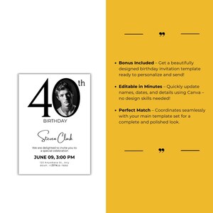 Puede incluir: Una plantilla de invitaci&oacute;n de cumplea&ntilde;os en blanco y negro con una foto de un hombre y el texto "40&ordm; cumplea&ntilde;os" y "Steven Clark". La invitaci&oacute;n incluye la fecha y la hora del evento, la direcci&oacute;n y la informaci&oacute;n de RSVP.