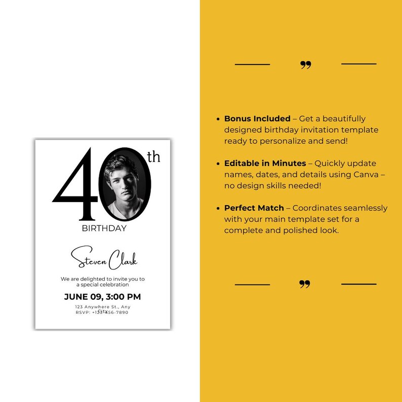 Puede incluir: Una plantilla de invitaci&oacute;n de cumplea&ntilde;os en blanco y negro con una foto de un hombre y el texto "40&ordm; cumplea&ntilde;os" y "Steven Clark". La invitaci&oacute;n incluye la fecha y la hora del evento, la direcci&oacute;n y la informaci&oacute;n de RSVP.