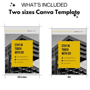 May include: A black and white image of a building with a yellow box that says "Stay in touch with us!" with a website address and phone number. The image is a Canva template available in US Letter and A4 sizes.