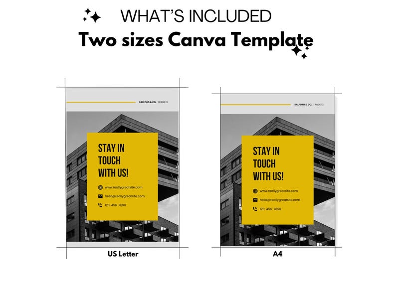 May include: A black and white image of a building with a yellow box that says "Stay in touch with us!" with a website address and phone number. The image is a Canva template available in US Letter and A4 sizes.