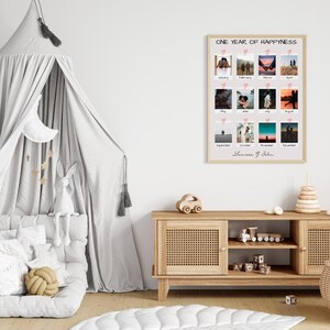 May include: A white framed print with a collage of 12 photos, each representing a month of the year. The photos are arranged in a grid pattern and feature a couple in various settings. The print is titled "One Year of Happiness" and is signed "Lauren & John".