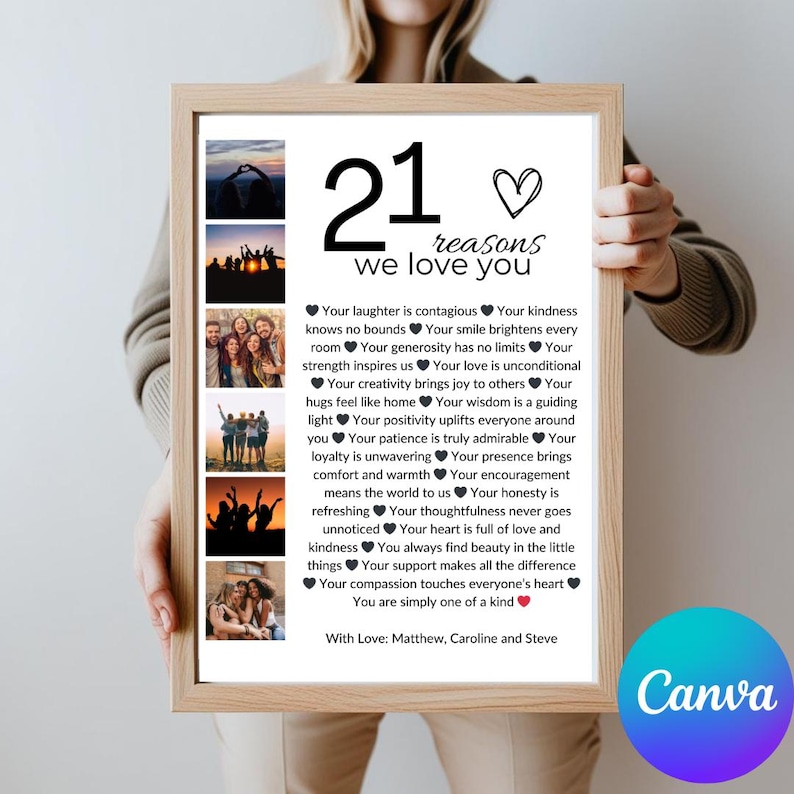 May include: A black and white printable poster with 21 reasons to love someone. The poster features a collage of photos and the text "21 reasons we love you".