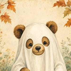 May include: A brown bear wearing a white ghost costume made of a sheet with cutouts for the eyes. The bear has dark brown ears and a smiling face visible through the fabric. The background features watercolor illustrations of autumn leaves.