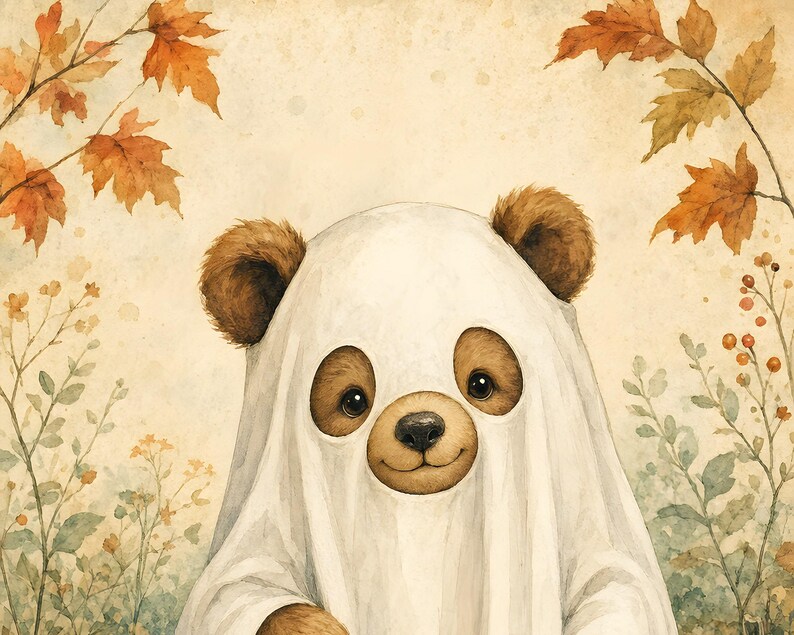 May include: A brown bear wearing a white ghost costume made of a sheet with cutouts for the eyes. The bear has dark brown ears and a smiling face visible through the fabric. The background features watercolor illustrations of autumn leaves.