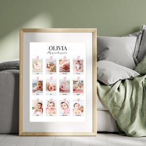 以下が含まれることがあります： ピンクのハートのデザインと「OLIVIA My first year」というテキストが上部に書かれた白いポスター。ポスターには、1歳になった女の子の12枚の写真が掲載されており、各写真は1から12までの番号でラベル付けされています。