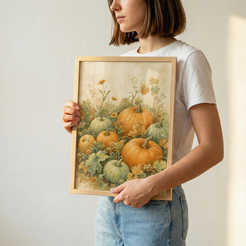 May include: A rectangular framed art print featuring a watercolor-style illustration of various pumpkins in shades of orange and muted green, surrounded by foliage and vines against a soft, light-colored background within a simple wooden frame.
