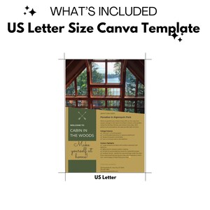 May include: A Canva template for a cabin in the woods. The template features a photo of a cabin with a large window overlooking a lake. The text "Welcome to Cabin in the Woods" is in a green box with a white background. The text "Make yourself at home!" is in a brown box with a white background. The text "Paradise in Algonquin Park" is in a brown box with a white background. The template is designed for US Letter size paper.