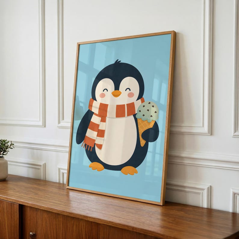 Penguin Ice Cream Print, Whimsical Animal Kids Room Art (Digital Download) image 1