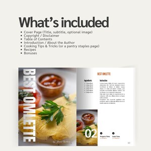 Op de afbeelding: Een spread uit een kookboek met het recept voor de "BEST OMLETTE". De linkerpagina toont de titel en een foto van de omelet met tomaten en peterselie. De rechterpagina bevat ingredi&euml;nten en instructies. De tekst "What's included" staat bovenaan.