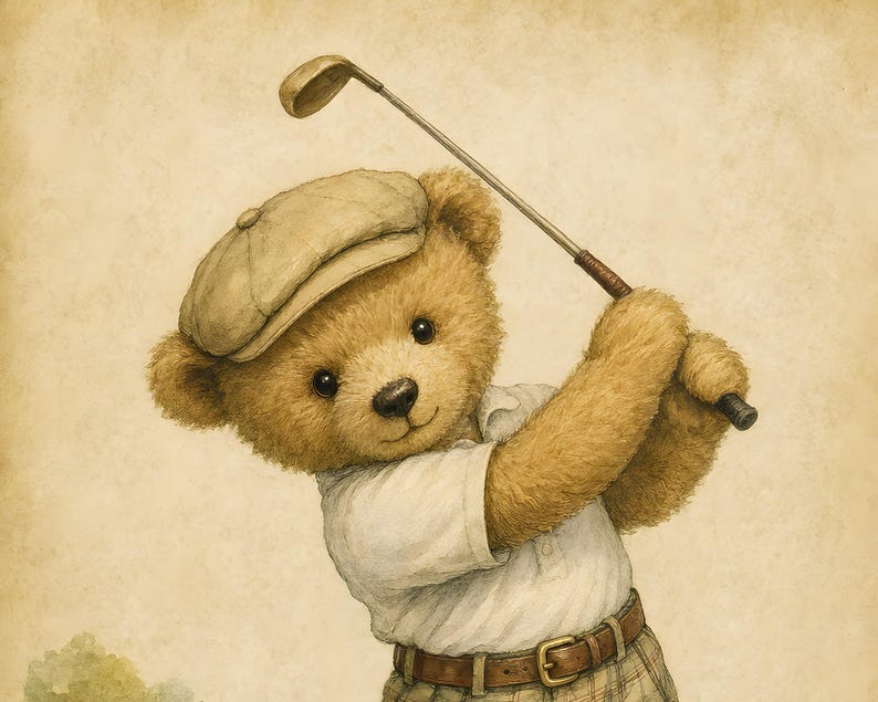 Lámina infantil Vintage Golf Bear, decoración única para habitación de niño, regalo para baby shower, descarga digital. imagen 10