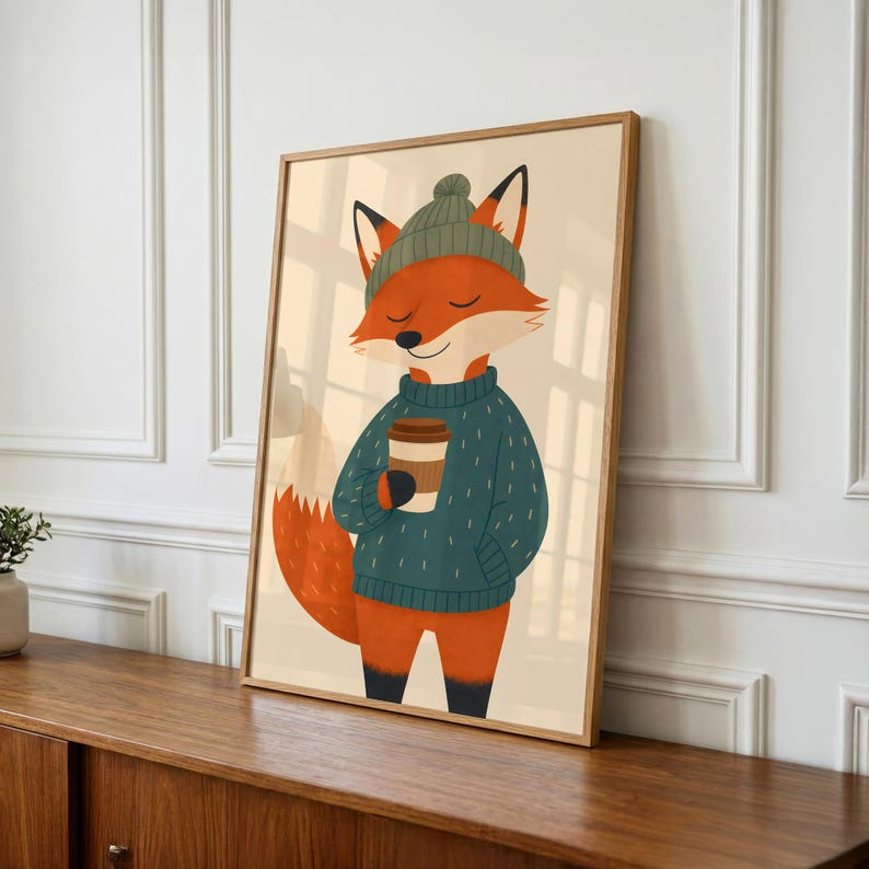 May include: A framed wall art print featuring a cartoon fox with orange fur, wearing a dark green knit beanie and a matching dark green sweater. The fox is holding a brown coffee cup with both hands against a light beige background.