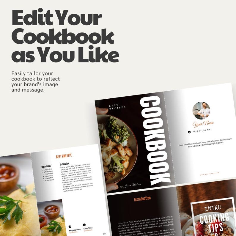 Op de afbeelding: Een kookboek met de titel "Cookbook" in grote witte letters. De omslag toont een foto van eten. De tekst "Edit Your Cookbook as You Like" staat bovenaan. Het kookboek is open op verschillende pagina's met recepten.
