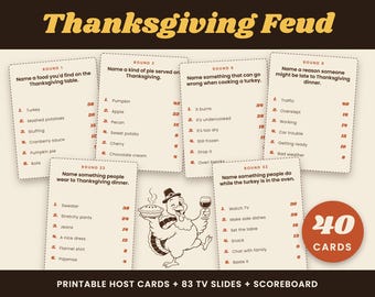 Gra „Thanksgiving Feud”, 40 kartek do druku, gra na imprezę „Friendsgiving Party” dla rodzin i dorosłych, edytowalne slajdy Canva TV