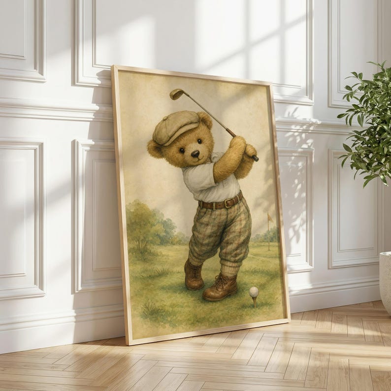 Lámina infantil Vintage Golf Bear, decoración única para habitación de niño, regalo para baby shower, descarga digital. imagen 5