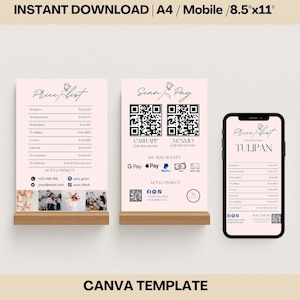 Plantilla de Canva de lista de precios florales editable para floristería, pago con código QR, móvil, tamaño carta (A4, EE. UU.), diseño adicional en negro y dorado.