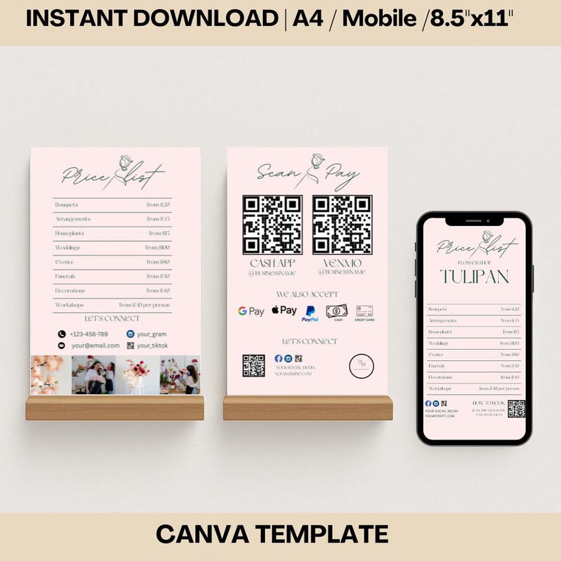Puede incluir: Una plantilla de lista de precios imprimible rosa y blanca para una florister&iacute;a. La plantilla incluye una lista de precios, una secci&oacute;n de escaneo para pagar con c&oacute;digos QR para Cash App y Venmo, y una secci&oacute;n para enlaces de redes sociales. La plantilla est&aacute; dise&ntilde;ada para usar en un dispositivo m&oacute;vil o como un documento A4 imprimible.
