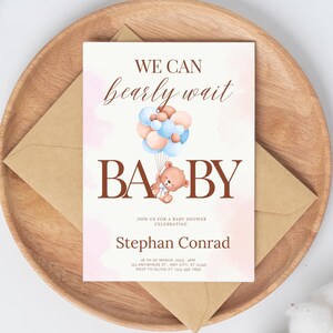 May include: A baby shower invitation featuring a watercolour background and a teddy bear holding balloons. The text reads "We can barely wait Baby" and includes the name "Stephan Conrad" and details for the event.