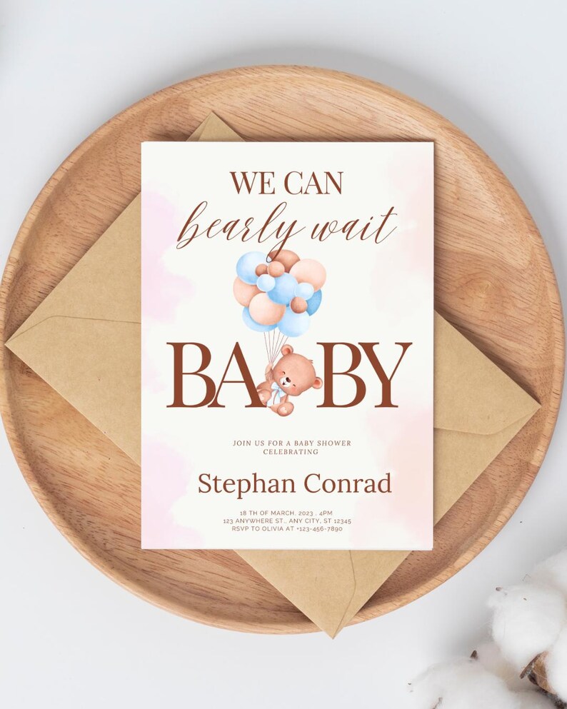 May include: A baby shower invitation featuring a watercolour background and a teddy bear holding balloons. The text reads "We can barely wait Baby" and includes the name "Stephan Conrad" and details for the event.