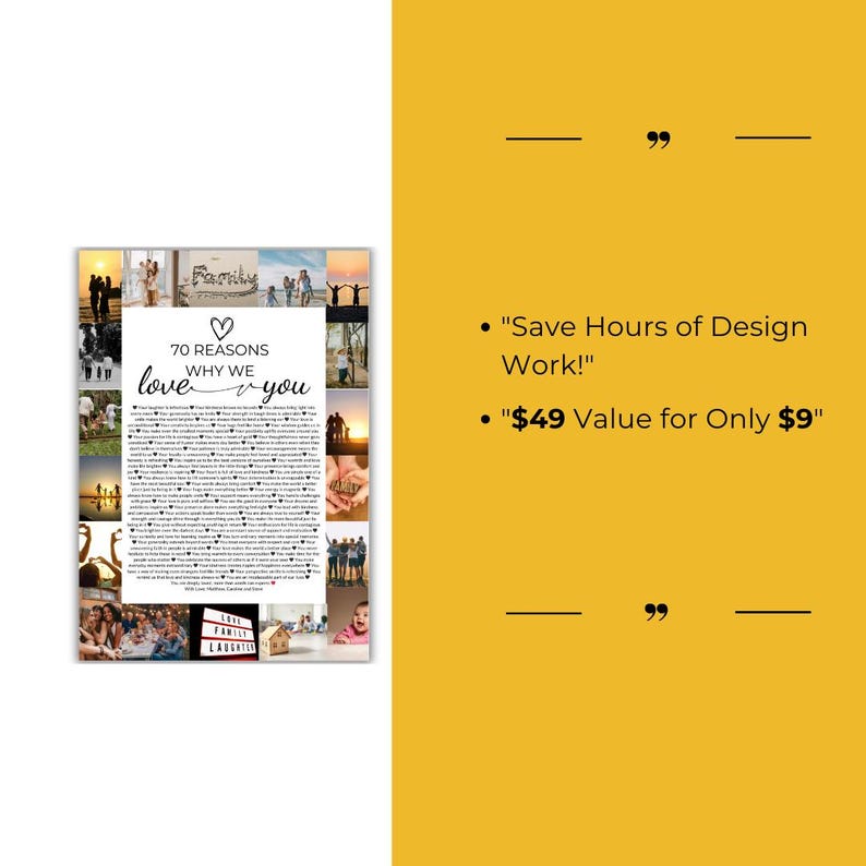 Pu&ograve; includere: Un collage di foto stampabile con un cuore e il testo "70 motivi per cui ti amiamo". Il collage &egrave; circondato da un bordo bianco. Il testo "Risparmia ore di lavoro di progettazione!" e "Valore di $49 per soli $9" sono anche inclusi.