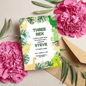 May include: A green, white and yellow dinosaur-themed birthday party invitation with the text "Three Rex Stomp, Chomp, Roar Let's Party Like a Dinosaur Steve is Turning Three! Sun. April 14 | 1 PM 123 Anywhere St. Any City"