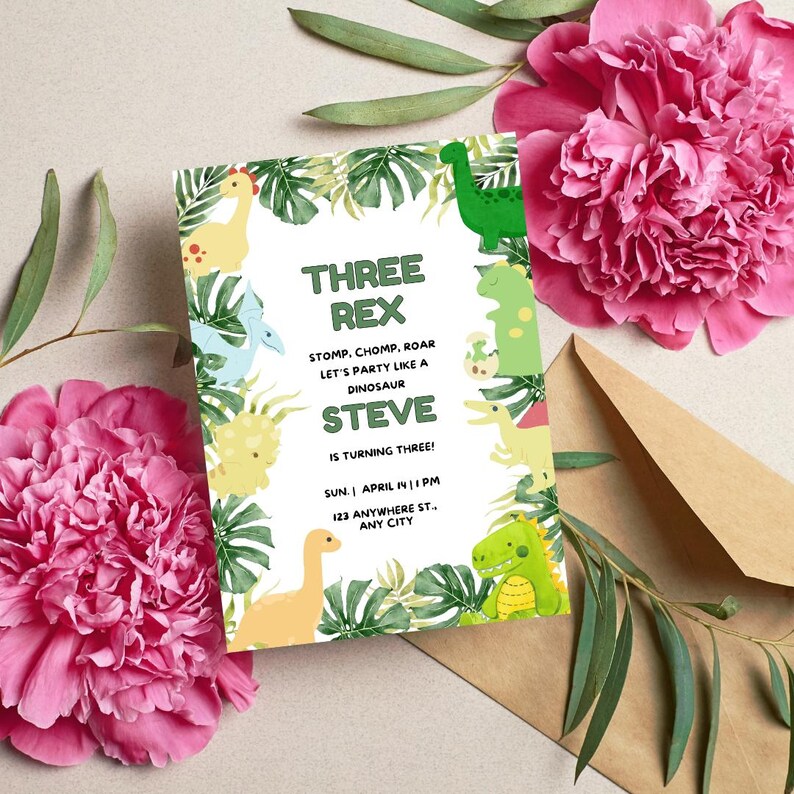 May include: A green, white and yellow dinosaur-themed birthday party invitation with the text "Three Rex Stomp, Chomp, Roar Let's Party Like a Dinosaur Steve is Turning Three! Sun. April 14 | 1 PM 123 Anywhere St. Any City"