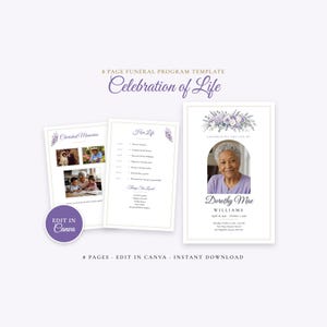 Lavender Funeral Program Template for Women, 8 Page Obituary Template, Purple Celebration of Life Program, Editable Canva Memorial Booklet