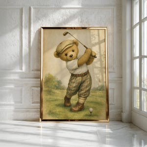 Lámina infantil Vintage Golf Bear, decoración única para habitación de niño, regalo para baby shower, descarga digital. imagen 4
