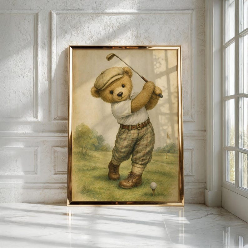 Lámina infantil Vintage Golf Bear, decoración única para habitación de niño, regalo para baby shower, descarga digital. imagen 4