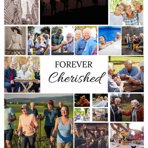 Pu&ograve; includere: Un collage di foto che mostra un gruppo di anziani che si godono la vita insieme. Le foto li mostrano mentre fanno escursioni, giocano a carte, cenano e camminano. Il testo "FOREVER Cherished" &egrave; al centro del collage.