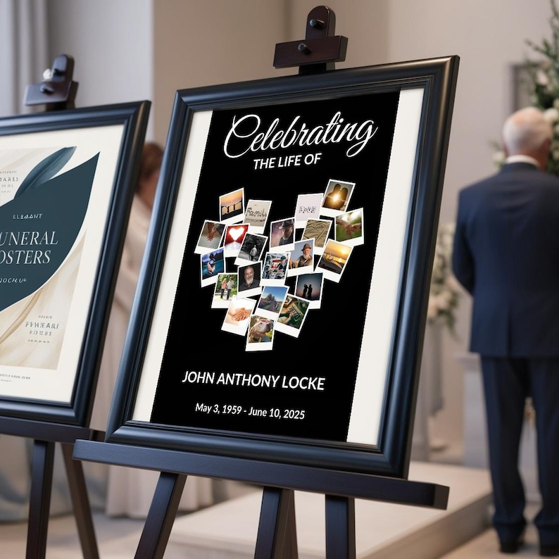 May include: A framed memorial poster on an easel. The poster has a black background with a heart-shaped collage of photos. The text reads "Celebrating the Life of John Anthony Locke, May 3, 1959 - June 10, 2025."