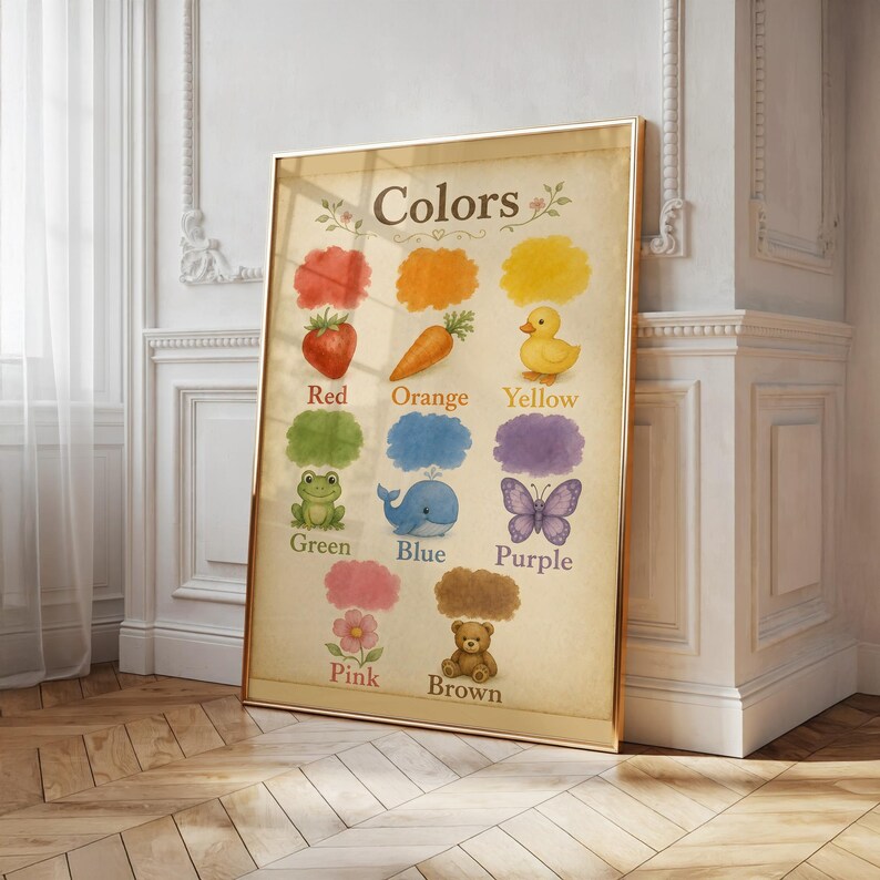 May include: A vertical educational poster titled Colors featuring illustrations of a red strawberry, orange carrot, yellow duck, green frog, blue whale, purple butterfly, pink flower, and brown teddy bear, each paired with a matching colour swatch.
