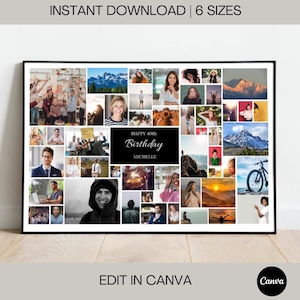 May include: A black and white photo collage with a black rectangle in the center that says "Happy 40th Birthday Michelle". The collage is made up of various photos of people, landscapes, and objects.