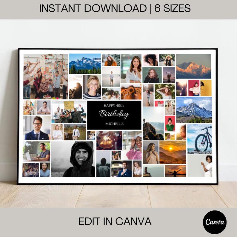 May include: A black and white photo collage with a black rectangle in the center that says "Happy 40th Birthday Michelle". The collage is made up of various photos of people, landscapes, and objects.