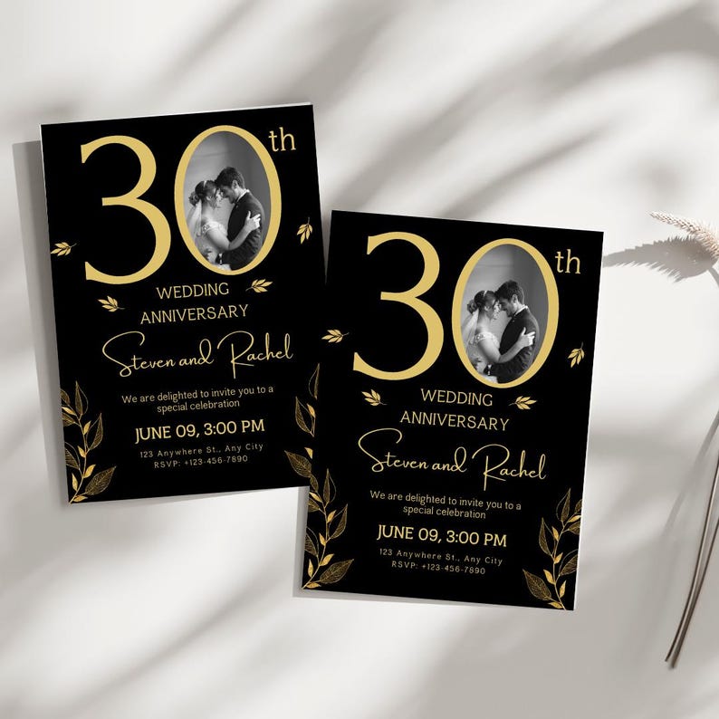 Inbjudan till 30-årsjubileum: Svart och guld, fotomall (digital nedladdning) bild 8