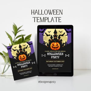 May include: A Halloween party invitation template on a tablet and a printed card. The design features a pumpkin, bats, a haunted house, and the text "Halloween Party". The invitation includes the date, time, and location.