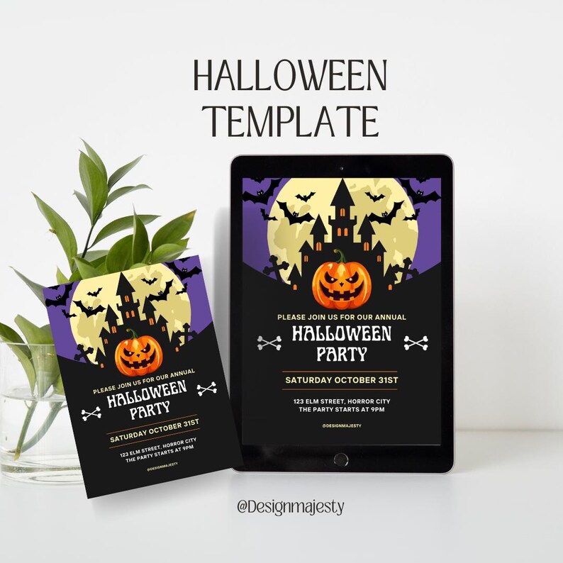 May include: A Halloween party invitation template on a tablet and a printed card. The design features a pumpkin, bats, a haunted house, and the text "Halloween Party". The invitation includes the date, time, and location.