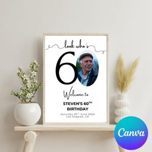 May include: A white printable sign with black text that says "look who's 60" with a large black number 60. There is a photo of a man in a white oval in the top right corner. The text below the number says "Welcome to Steven's 60th Birthday" and "Saturday 30th June 202X Los Angeles, CA".