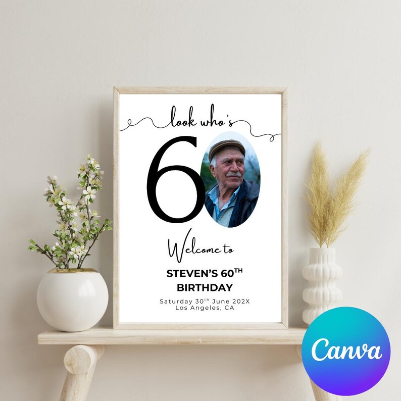 May include: A white printable sign with black text that says "look who's 60" with a large black number 60. There is a photo of a man in a white oval in the top right corner. The text below the number says "Welcome to Steven's 60th Birthday" and "Saturday 30th June 202X Los Angeles, CA".