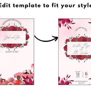 Pu&ograve; includere: Un modello di invito di nozze con sfondo rosa e motivi floreali rossi. Il testo recita "Wedding Invitation", "Josh and Lydia", "August 12, 2027", "You are Invited", "Kristian Mugur with Peter Jackson", "August 12, 2027", "6 PM", "123 Anywhere St., Any City".