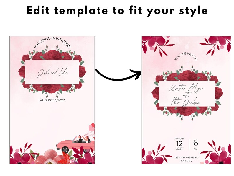 Pu&ograve; includere: Un modello di invito di nozze con sfondo rosa e motivi floreali rossi. Il testo recita "Wedding Invitation", "Josh and Lydia", "August 12, 2027", "You are Invited", "Kristian Mugur with Peter Jackson", "August 12, 2027", "6 PM", "123 Anywhere St., Any City".
