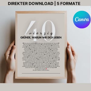 Puede incluir: Una impresi&oacute;n enmarcada con el texto "40 razones por las que te amamos" en alem&aacute;n. La impresi&oacute;n tiene un fondo beige con texto negro y un logotipo de Canva en la esquina superior derecha. El texto incluye una lista de razones, y los nombres Matthew, Caroline y Steve est&aacute;n en la parte inferior.
