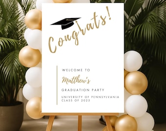 White & Gold Graduation Welcome Sign: Class of 2025 Canva Template (Digital Download)