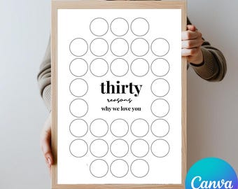 Póster "30 razones por las que te queremos": Regalo editable para un hito (Plantilla de Canva, descarga digital)
