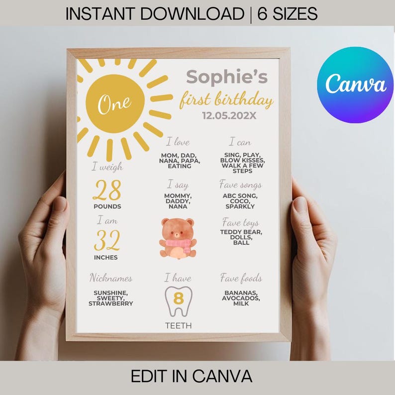 May include: A yellow sun with the word "One" inside, a brown teddy bear, and a tooth with the number "8" inside. The text "Sophie's first birthday 12.05.202X" is at the top of the printable poster. The poster also includes the child's weight, height, favorite foods, songs, and toys.