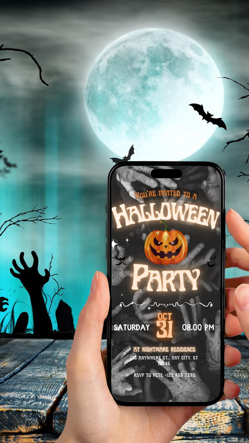 May include: A smartphone displays a Halloween party invitation against a spooky backdrop. The invitation features a glowing jack-o'-lantern, the text "Halloween Party," and the date, October 31st. The background includes a full moon, bats, and zombie hands.